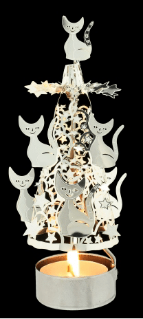 Lanterna Porta Candela Piramide giostrina con rilievi argentato ALBERO DI NATALE CON GATTI - Dolci pensieri gift