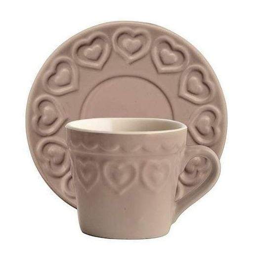 Set Colazione Tea in Ceramica Shabby Chic 4 Tazzine con Piattino Colore Tortora Decorazioni Cuore - Dolci pensieri gift