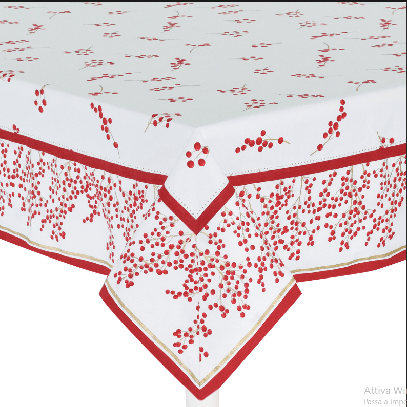 Tovaglia Natalizia 8 posti con decorazione Bacche pungitopo Bianco Natale 170x210 cm - Dolci pensieri gift