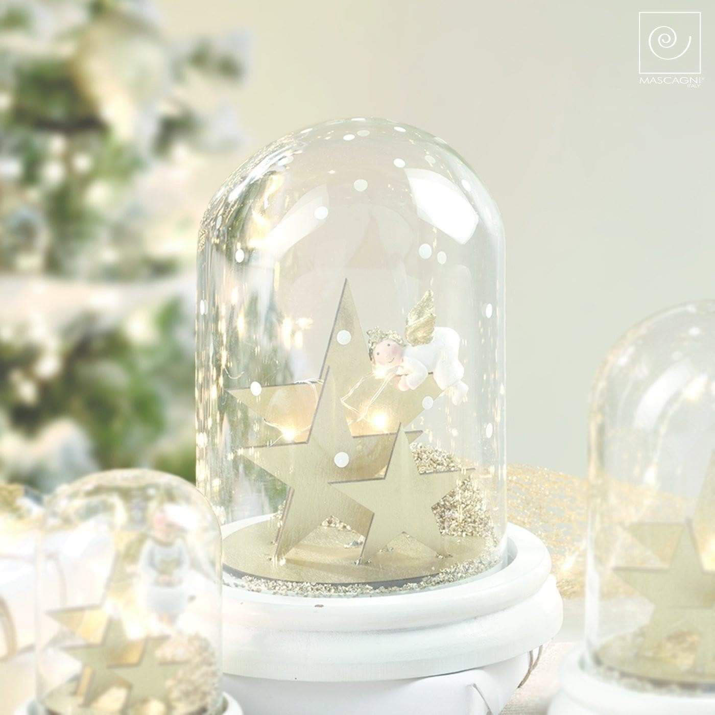 Campana in vetro con angioletto con stelle in legno e led h 17cm - Dolci pensieri gift