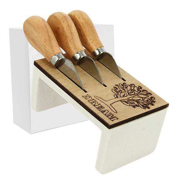 CEPPO ALBERO 12X8 H.6,5 RESINA/LEGNO + 3 COLTELLI FORMAGGIO+P/CONF. C/AST. - Dolci pensieri gift