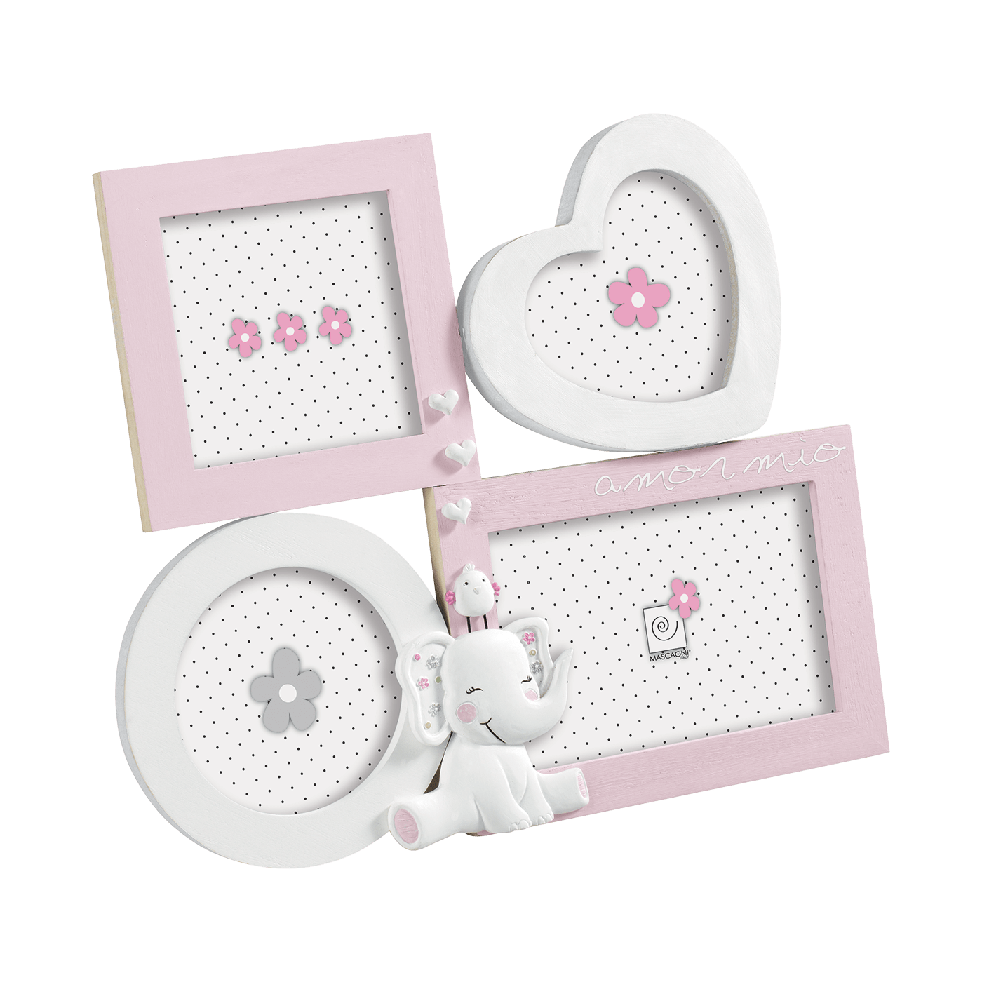 Cornice multipla 31 x 26 cm per bambina elefante bianco e rosa - Dolci pensieri gift