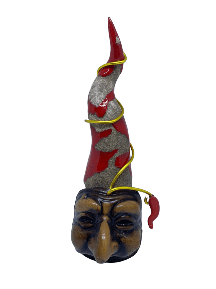 Corno rosso bicolore in ceramica artigianale con maschera portafortuna e fil di ferro 21 cm - Dolci pensieri gift