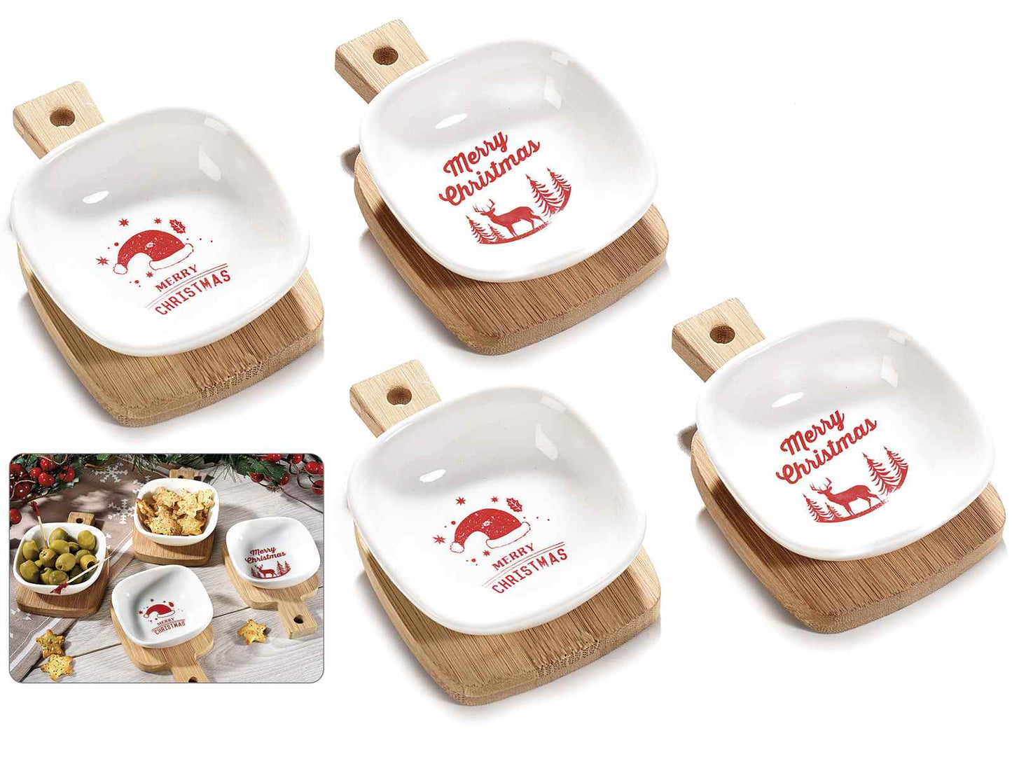 Dolcipensierigift Set aperitivo con 4 ciotoline natalizie in ceramica e base a tagliere in legno