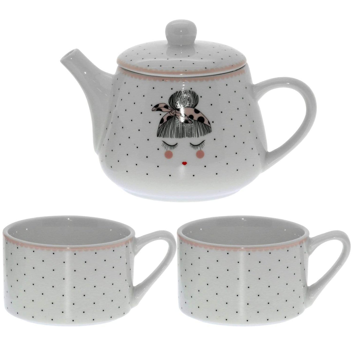 Teiera con 2 tazze set 3 pezzi in porcellana a pois con decorazioni - Dolci pensieri gift