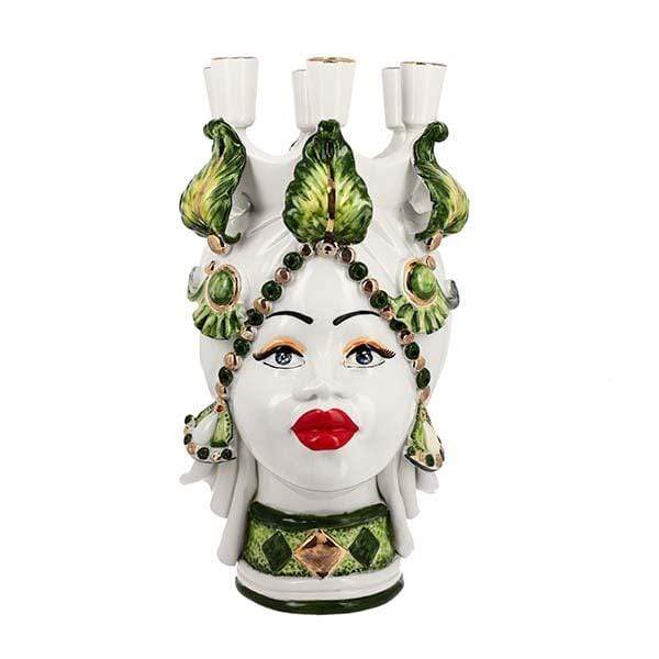TESTA DI MORO CANDELABRO DONNA DECORATO CERAMICA CALTAGIRONE D. 20X42 - Dolci pensieri gift