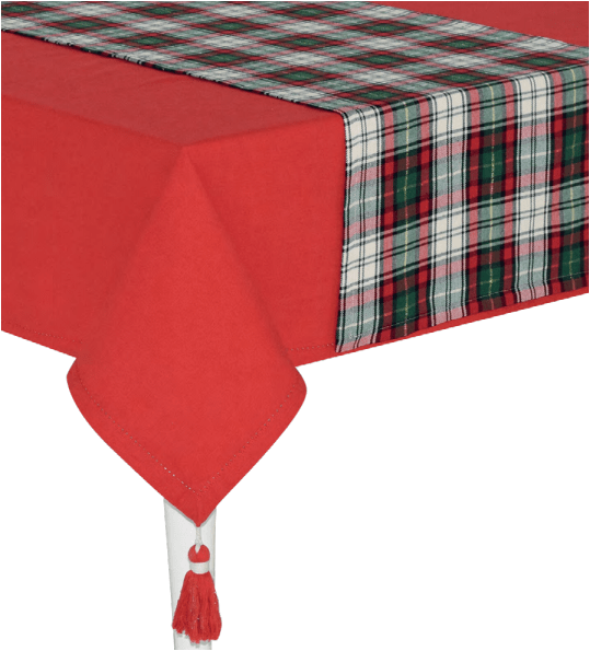 Tovaglia natalizia 12 posti tinta unita rossa con nappe ai 4 angoli con runner tartan - Dolci pensieri gift