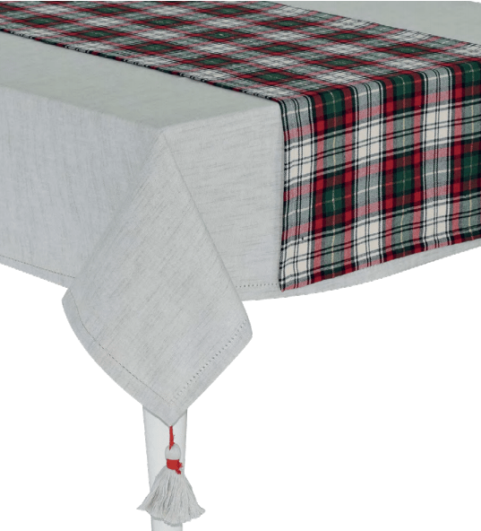 Tovaglia natalizia 6 rossa con nappe ai 4 angoli con runner tartan con filo oro - Dolci pensieri gift