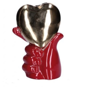 Vaso Cuore In Mano Rosso E Oro In Stoneware Rituali Domestici h16 cm - Dolci pensieri gift