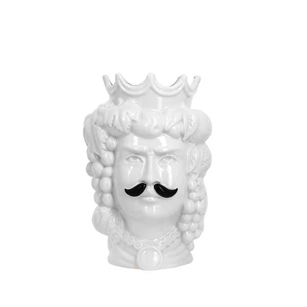 VASO TESTA DI MORO RE UOMO FRUTTA BIANCA CON BAFFO DECORATO CERAMICA CALTAGIRONE D. 18X25 - Dolci pensieri gift