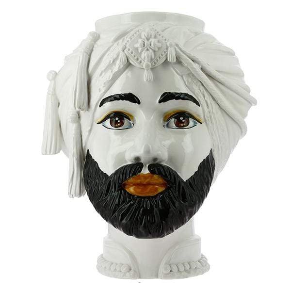 VASO TESTA DI MORO UOMO RE ARABO DECORO BIANCO CERAMICA CALTAGIRONE D. 25X35 - Dolci pensieri gift