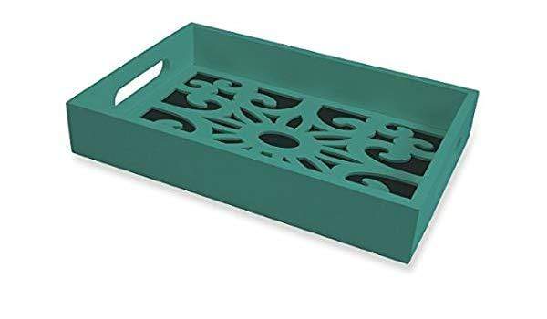 Vassoio in legno traforato turchese con lavorazioni decorazione maiolica azzurro - Dolci pensieri gift