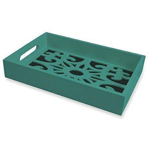 Vassoio in legno traforata con decorazione floreale barocco color turchese - Dolci pensieri gift