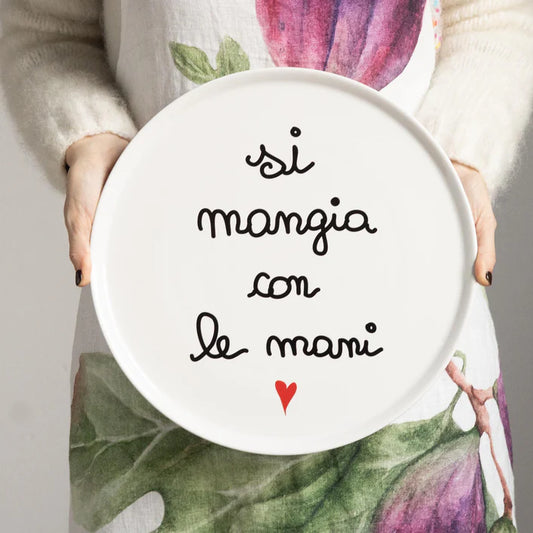 PIATTO PIAZZA GRES PORCELLANA BIANCA CON DECORO"SI MANGIA CON LE MANI" DIAM. CM 31