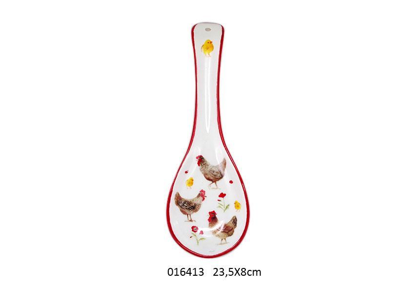 POGGIA CUCCHIAIO CERAMICA DECORO GALLINA ROSSO BIANCO