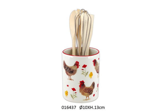 PORTAUTENSILI CERAMICA DECORO GALLINA ROSSO BIANCA