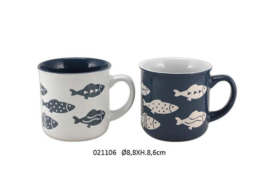 TAZZA CERAMICA DECORO PESCI BLU BIANCO
