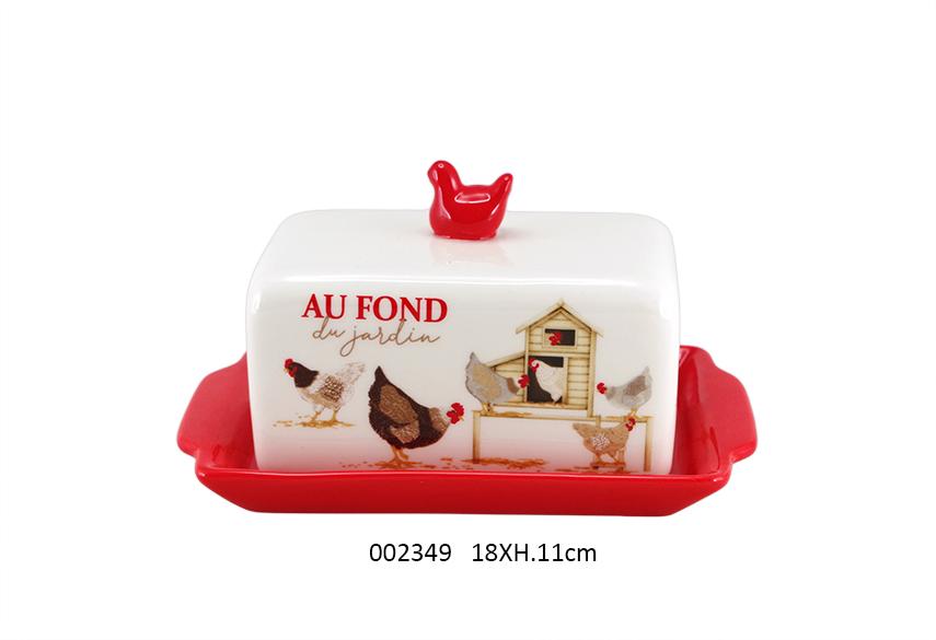 PORTABURRO CERAMICA DECORO GALLINA COUNTRY BIANCO ROSSO