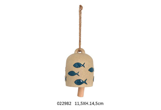 CAMPANA CERAMICA DECORO PESCI BEIGE BLU C/CORDA