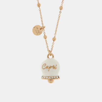 AmoCapri Collana in Metallo con campanella grande bianca e scritta Capri impreziosito da cristalli bianchi