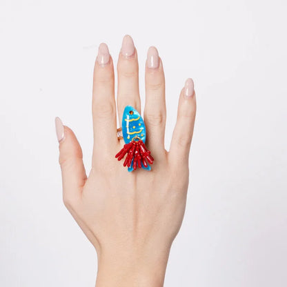Anello in Metallo a forma di pesce smaltati turchese coralli con vernice rossa
