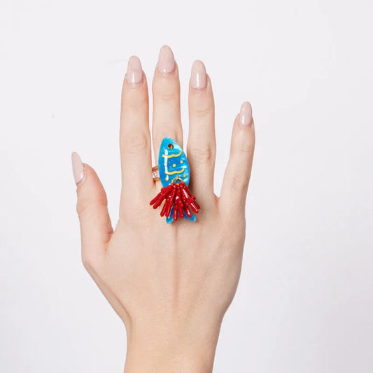 Anello in Metallo a forma di pesce smaltati turchese coralli con vernice rossa