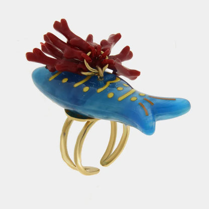 Anello in Metallo a forma di pesce smaltati turchese coralli con vernice rossa