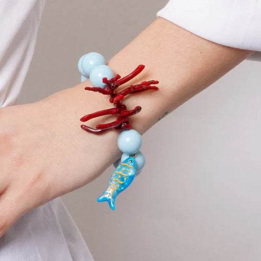 Bracciale in Metallo con sfere azzurre e simboli marini