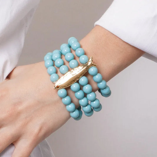 Bracciale in Metallo con sfere turchesi e pesce con rifiniture martellate