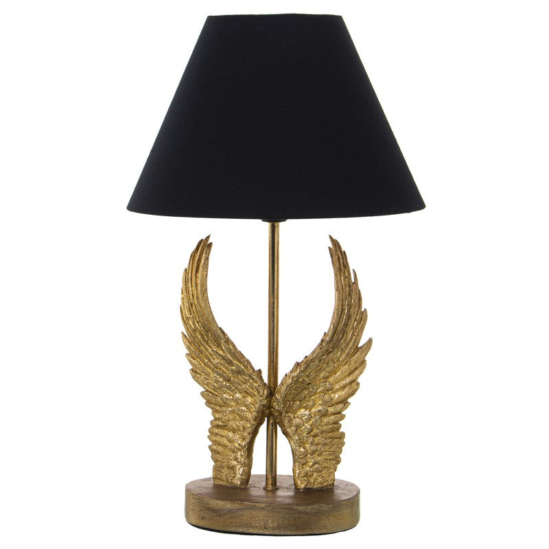 LAMPADA DA APPOGGIO ALI DORATE E CAPPELLO NERO Ø26x44cm BASE IN LEGNO