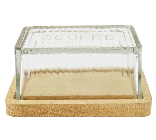 BURRIERA IN VETRO BASE LEGNO Misura: 16x11x8cm PROVENZALE  CON SCRITTA A RILEVO