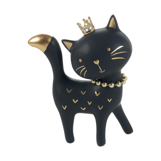 GATTO IN CERAMICA NERO E ORO CON CORONCINA E COLLARE ORO Dimensione: 15,5x7,5x19,5 h. cm.