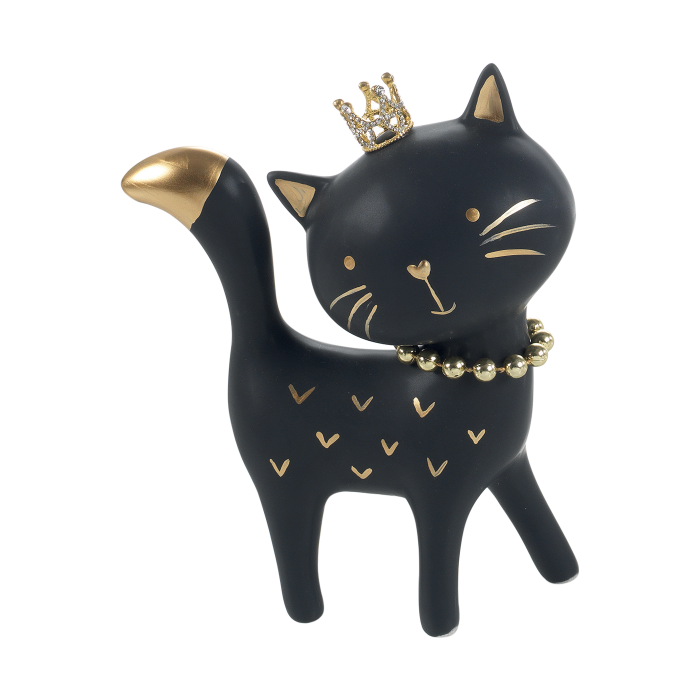 GATTO IN CERAMICA NERO E ORO CON CORONCINA E COLLARE ORO Dimensione: 15,5x7,5x19,5 h. cm.