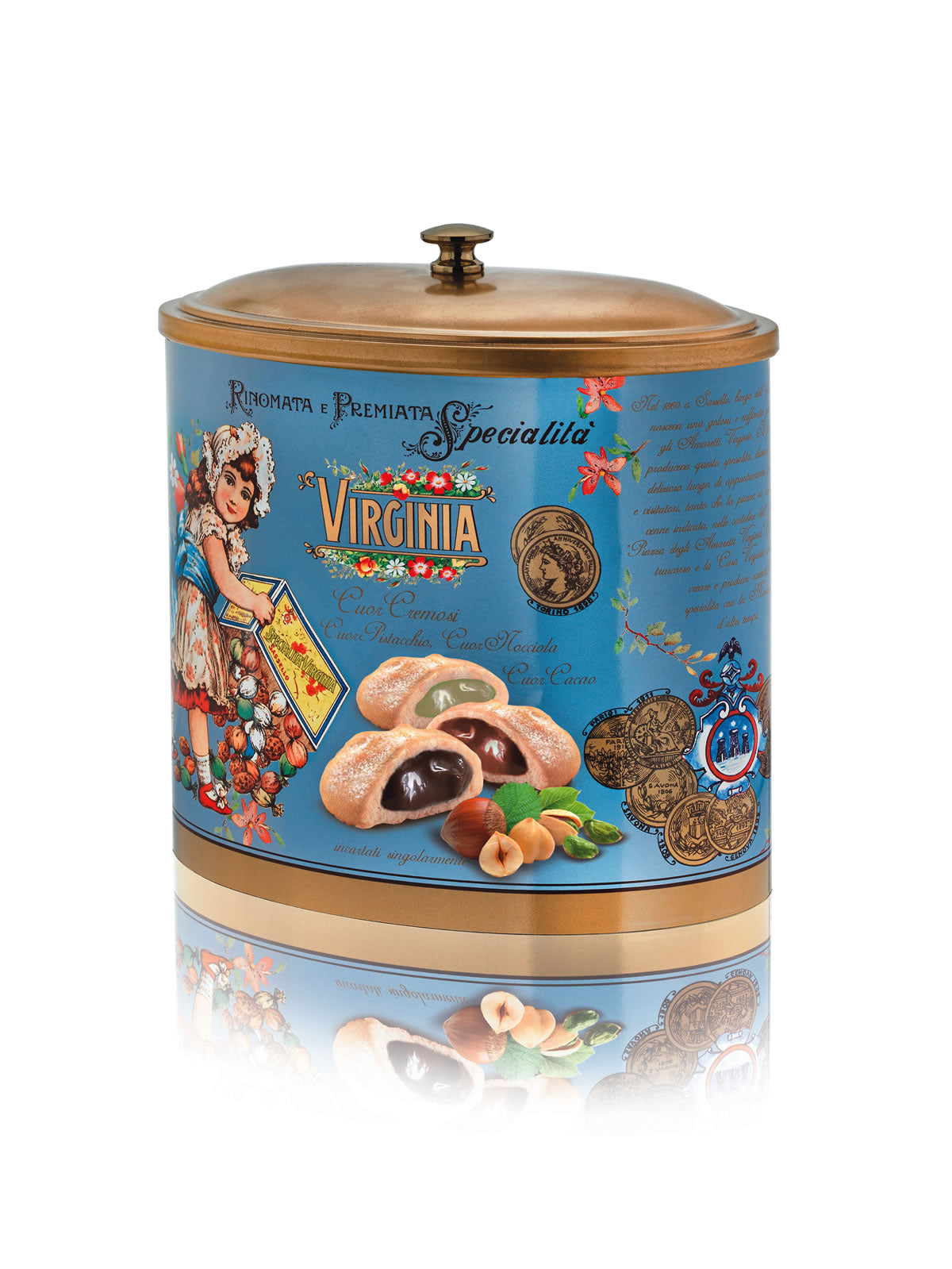 BISCOTTIERA AMARETTI VIRGINIA IN LATTA FROLLE RIPIENE PISTACCHIO CACAO E NOCCIOLA