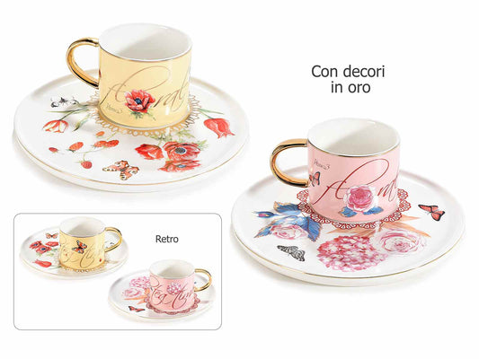 Tazzina e piattino porcellana c/manico e decori in oro vero Tazzina e piattino porcellana c/manico e decori in oro vero