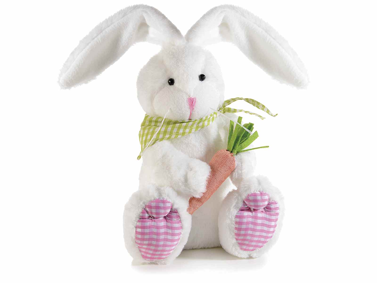 Coniglietto bianco in finto pelo con carota e foulard Misure: cm19x20x41H (orecc.estese) Orecchie modellabili Utilizzo: Decori da appoggiare in panno / stoffa