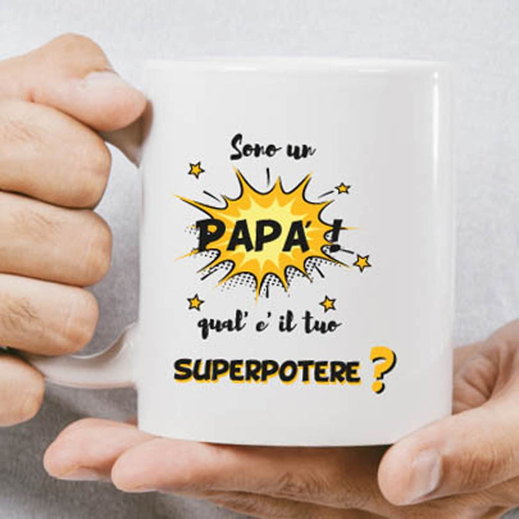 TAZZA BIANCA  FESTA DEL PAPA' QUAL'E' IL TUO POTERE INTERNO GIALLA