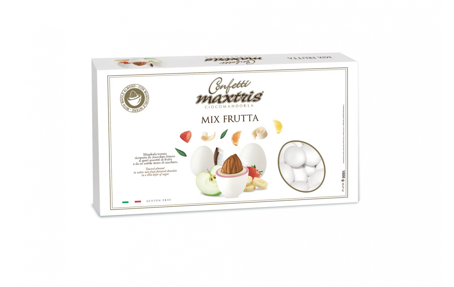 MAXTRIS CONFETTI ALLA FRUTTA 1 KG CON MANDORLA TOSTATA RICOPERTA DI CIOCCOLATO BIANCO MISTO FRUTTA.