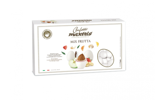 MAXTRIS CONFETTI ALLA FRUTTA 1 KG CON MANDORLA TOSTATA RICOPERTA DI CIOCCOLATO BIANCO MISTO FRUTTA.