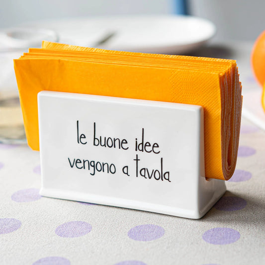 PORTATOVAGLIOLI IN GRES PORCELLANATO DECORO " LE BUONE IDEE VENGONO A TAVOLA" 12,8X13,2X8,2 CM