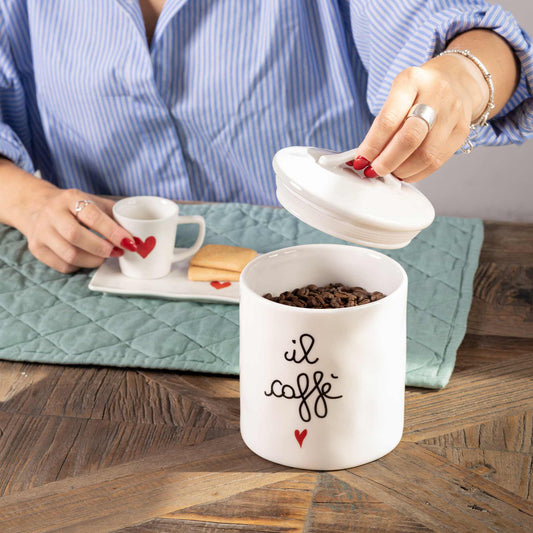 BARATTOLO IN GRES PORCELLANATO BIANCO "IL CAFFE'" ERMETICO Dimensioni D 12 x 17 cm