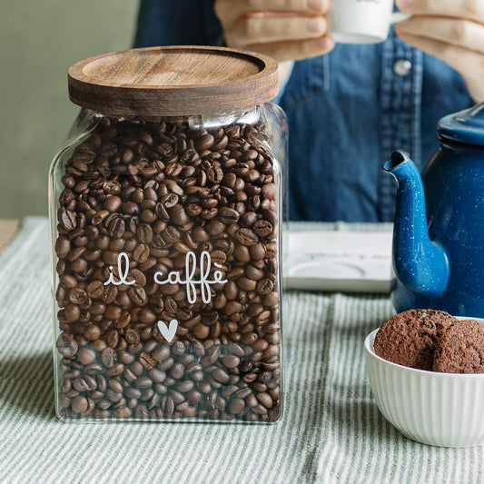 BARATTOLO CAFFE' IN VETRO BOROSILICATO CON TAPPO LEGNO D'ACACIA 12X12X18 CM
