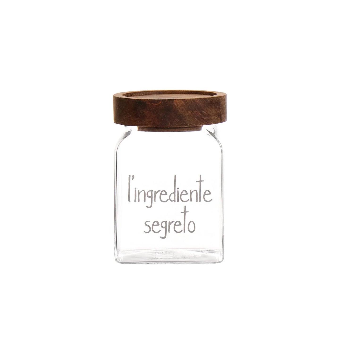 BARATTOLO SPEZIE IN VETRO BOROSILICATO " L'INGREDIENTE SEGRETO" 6X6X9 CM