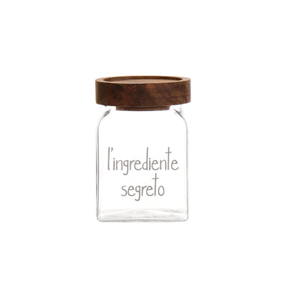 BARATTOLO SPEZIE IN VETRO BOROSILICATO " L'INGREDIENTE SEGRETO" 6X6X9 CM