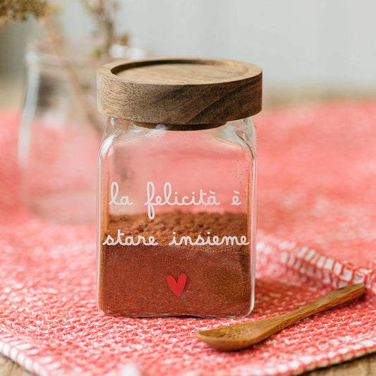 BARATTOLO IN VETRO BOROSILICATO DECORO" LA FELICITA' E' STARE INSIEME" 6X6X9