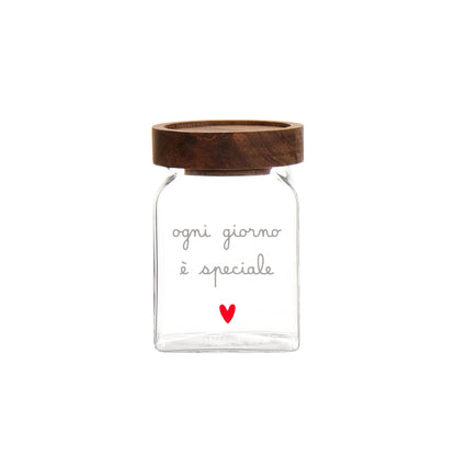 BARATTOLO IN VETRO BOROSILICATO DECORO" OGNI GIORNO E' SPECIALE" 6X6X9 CM