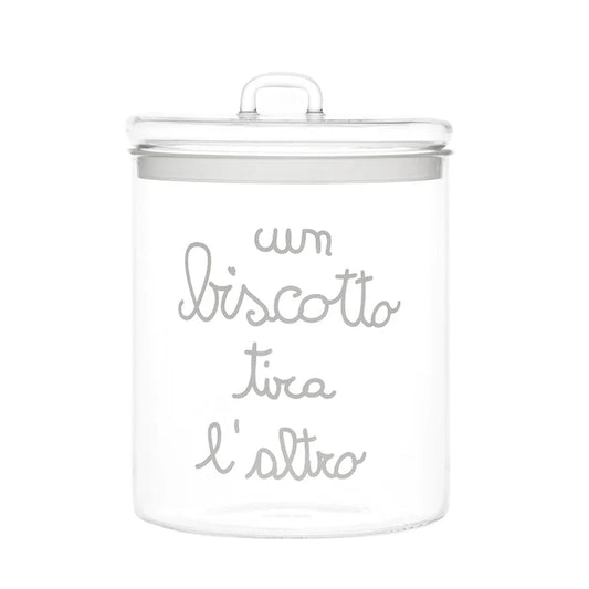 BARATTOLO IN VETRO DECORO"UN BISCOTTO TIRA L'ALTRO" BISCOTTIERA D. 15X H 22