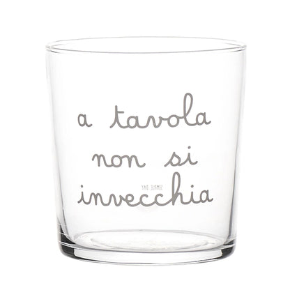 SET 6 BICCHIERI ACQUA DECORO "ATAVOLA NON SI INVECCHIA" VETRO TEMPERATO SERIGRAFIA BIANCA