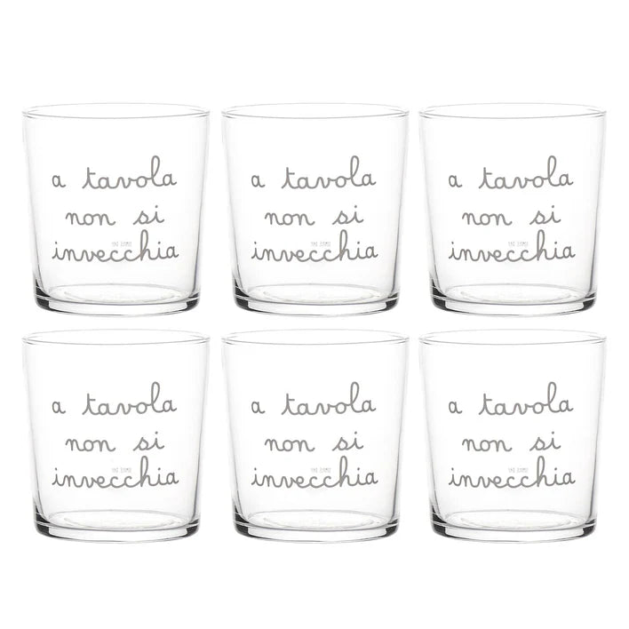 SET 6 BICCHIERI ACQUA DECORO "ATAVOLA NON SI INVECCHIA" VETRO TEMPERATO SERIGRAFIA BIANCA