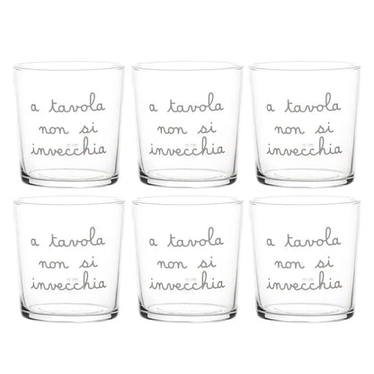 SET 6 BICCHIERI ACQUA DECORO "ATAVOLA NON SI INVECCHIA" VETRO TEMPERATO SERIGRAFIA BIANCA